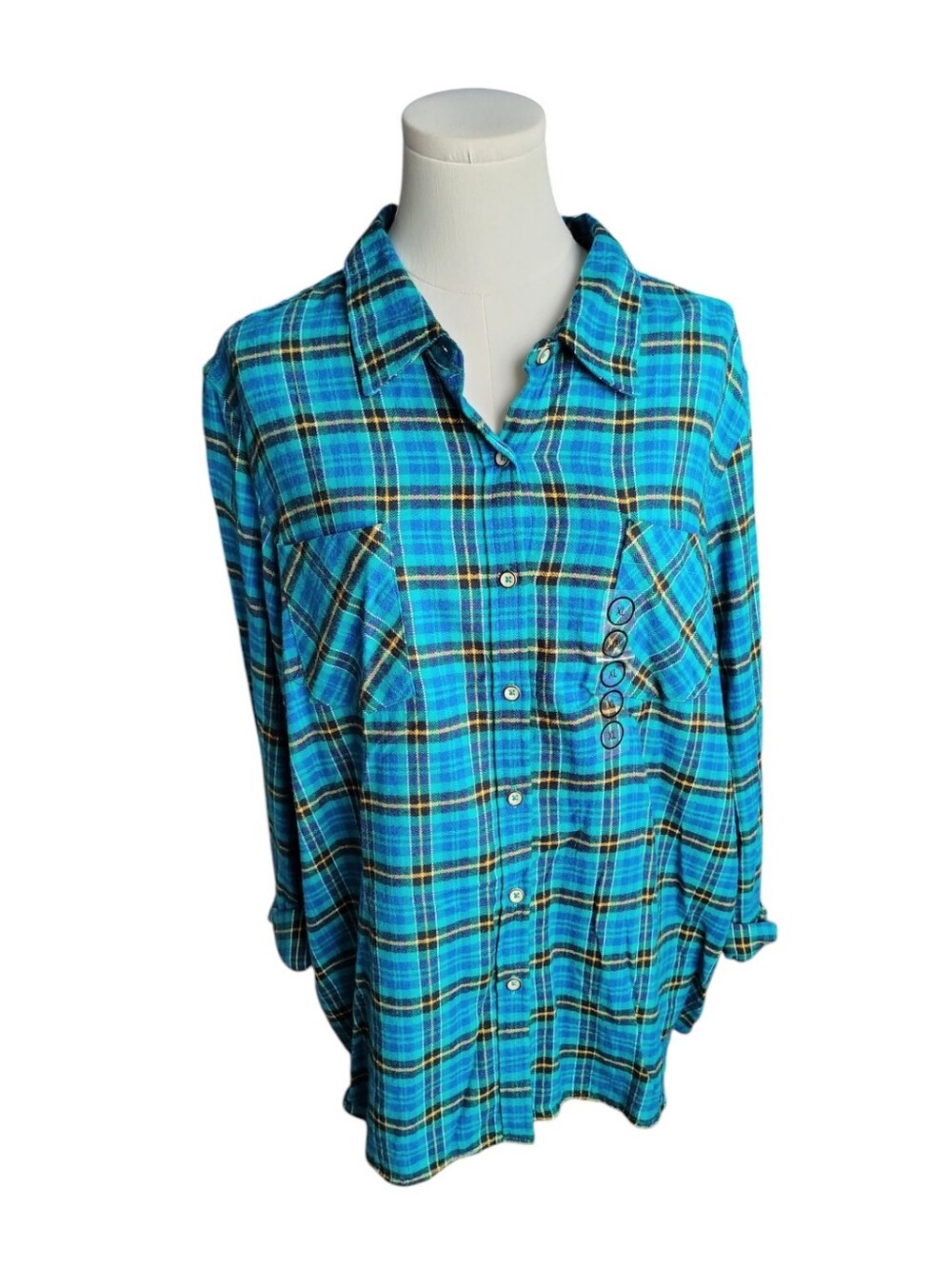Natural Reflections 100% Cotton Teal Black Yellow Plaid Flannel Shirt Size XL